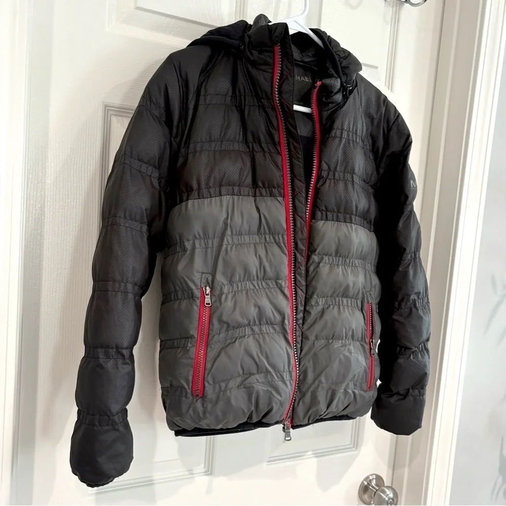 Michael Kors Puffer Zip Up Hood Gray Black Winter Jacket Coat Boys 14/16 Pocket